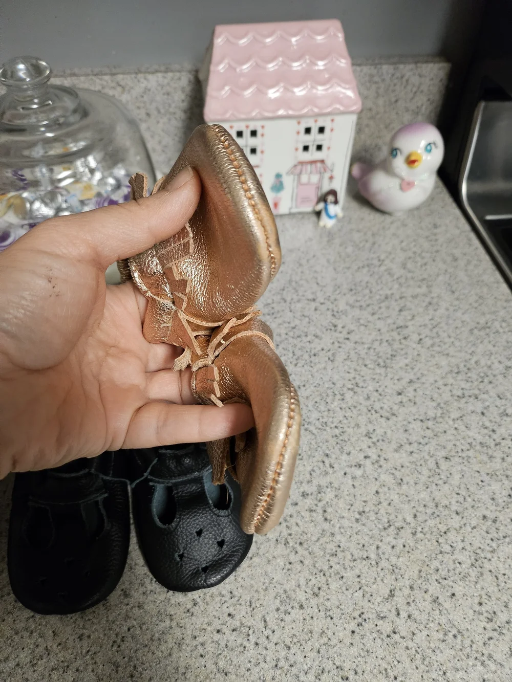 Freshly Picked Black and Rose Gold Baby Moccasins - Pair Set